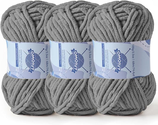 Chunky Chenille Yarn for Crocheting，Baby Yarn for Crocheting Soft Blankets，Bulky Yarns for Crochet Amigurumi，3×100g (3×74.3yds) Fluffy Velvet Yarns for Hand Knitting (3 Dark Gray)