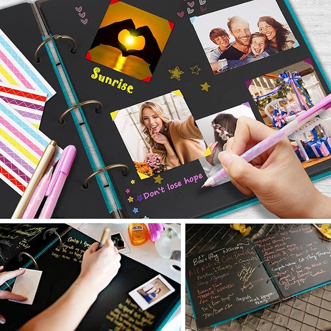ADVcer Photo Album DIY Scrapbook, 10x10 inch 50 Pages Vintage Leather Cover Three-Ring Binder Picture Booth Albums + 9 Colors 408pcs Self Adhesive Photos Corners for Memory Keep (Family Tree, Cyan)