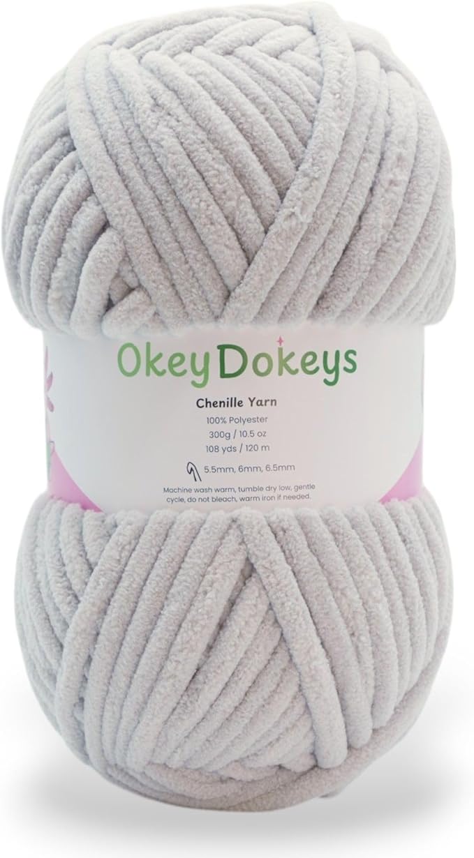 Okey Dokeys 300g Jumbo Velvet Chenille Yarn 7 Jumbo – Plush, No-Fray, Durable Plushies, Posh Soft Crochet Projects Beginner Friendly (130 yds) (Rain Cloud Gray (108), 1 Pack (17.90/Skein))