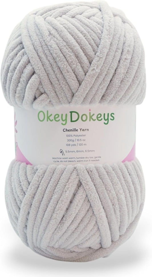Okey Dokeys 300g Jumbo Velvet Chenille Yarn 7 Jumbo – Plush, No-Fray, Durable Plushies, Posh Soft Crochet Projects Beginner Friendly (130 yds) (Rain Cloud Gray (108), 1 Pack (17.90/Skein))