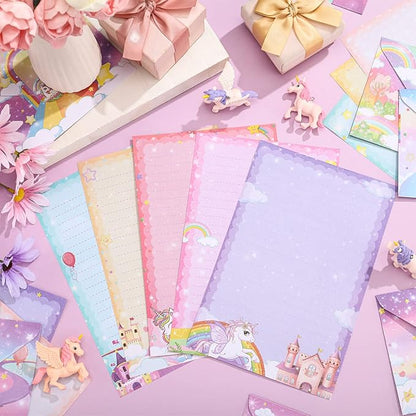 TaoBary 160 Pcs Stationery Paper Set 50 Double Sided Stationery Papers with 50 Matching Envelopes and 60 Round Dot Sticker, 10 Design(Unicorn,5.5 x 8.25 Inch)