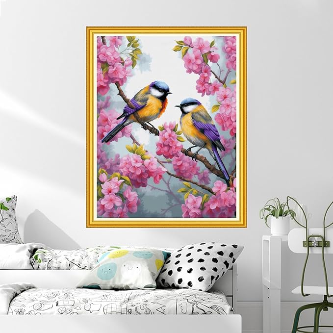 DMCVIVR Stamped Cross Stitch Kits for Beginners Adults Needlepoint Kits for Beginners Embroidery Kits for Adults Crossstitch Kit for Beginners 11CT-Pink Flower Bird 16x20 inch