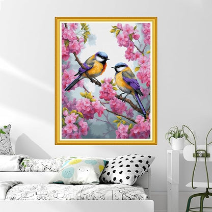 DMCVIVR Stamped Cross Stitch Kits for Beginners Adults Needlepoint Kits for Beginners Embroidery Kits for Adults Crossstitch Kit for Beginners 11CT-Pink Flower Bird 16x20 inch