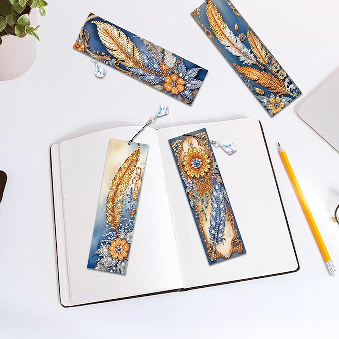 4-Pack 5D Diamond Painting Bookmarks Kit, DIY Diamond Art Bookmarks with Rhinestones and Tassels, Bohemian Unique Flower and Feather Designs, Handmade Bookmark Set for Adults, Gift for Book Lovers