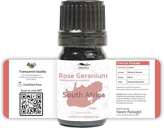 Nature Packaged Rose Geranium Essential Oil - Direct from Kwazulu Botanicals in South Africa- Organic Essential Oils for Body, Diffusers, or Aromatherapy | Pure Therapeutic Grade (5ml)