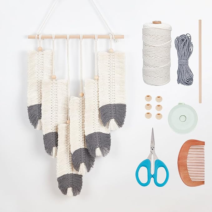 ORIGACH DIY Macrame Feather Wall Hanging Kit Boho White and Dark Gray Feather Tapestry Macrame Kit for Adults Beginner Handmade Rustic Macrame Feathers Leaf Wall Hanger Decor for Living Room Bedroom