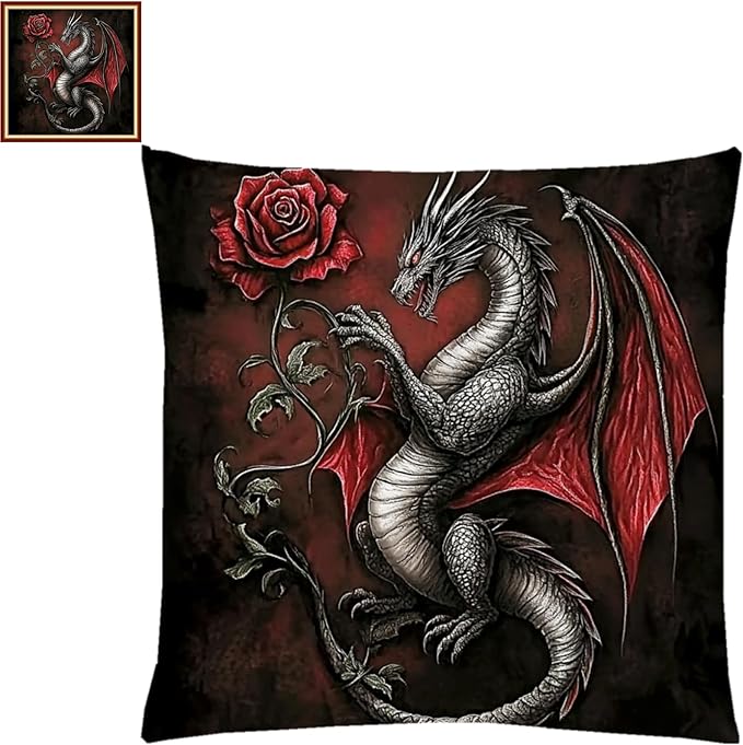 Lovxvouy Pillow Cross Stitch Kits for Adults Beginners-Preprinted Needlepoint Kit Stamped Crossstitching Kits 11CT Cross-Stitch Kit Stitches Kit Embroidery Kits-Rose Dragon 18x18 inchs