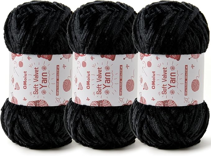 3x100g Fluffy Velvet Chenille Yarn for Crocheting and Knitting, 3x87.4yd Baby Yarn for Crocheting Soft, Crochet Chunky Yarn Amigurumi Yarns (Black)