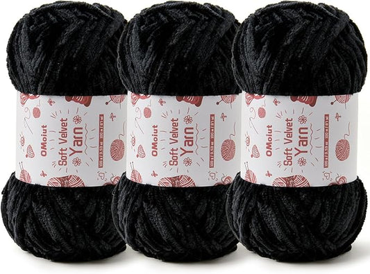 3x100g Fluffy Velvet Chenille Yarn for Crocheting and Knitting, 3x87.4yd Baby Yarn for Crocheting Soft, Crochet Chunky Yarn Amigurumi Yarns (Black)