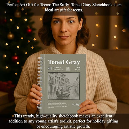 SuFly Toned Gray Sketchbook 8.5" x 11" - 60 Sheets Spiral Bound Artist Drawing Pad, 85lb/130gsm Toned Gray Paper for Graphite, Charcoal, Colored Pencils and Gel Pens.