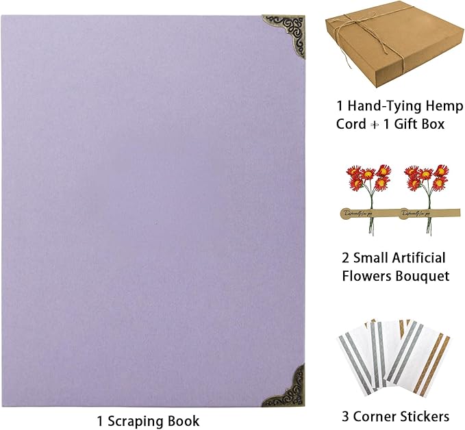 Scrapbook Album 8" x 10" DIY Scrapbook Photo Album Hardcover Kraft Paper 3 Rings Memory Book for Wedding, Anniversary, Travel, Family, Lilac