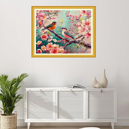 Foxhool Stamped Cross Stitch Kits,11CT Printed Cross Stitch Pattern Full Embroidery Kits for Beginner Needlepoint Kits-Pink Flower Bird 16x20 inchs