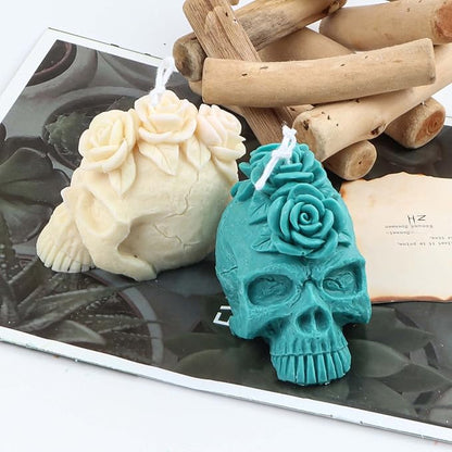Grainrain 3D Skull Rose Flower Design Silicone Candle Mold Decorated Pillar Candle Mould Handcrafted Silicone Molds for Candle Wax Resin Gyspum Crafts Making (G40)