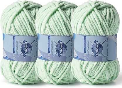 Chunky Chenille Yarn for Crocheting，Baby Yarn for Crocheting Soft Blankets，Bulky Yarns for Crochet Amigurumi，3×100g (3×74.3yds) Fluffy Velvet Yarns for Hand Knitting (3 Light Green)