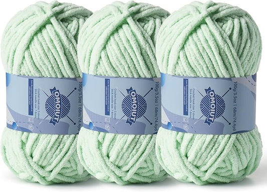 Chunky Chenille Yarn for Crocheting，Baby Yarn for Crocheting Soft Blankets，Bulky Yarns for Crochet Amigurumi，3×100g (3×74.3yds) Fluffy Velvet Yarns for Hand Knitting (3 Light Green)