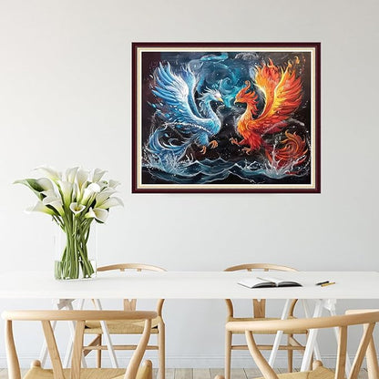 Joycasa Stamped Cross Stitch Kits for Beginners Full Range of Cross Stitching 11 CT Printed Cross Stitch Kit for Adults Cross-Stitch Patterns Needlepoint Kits-Water Fire Phoenix 16x20 inchs