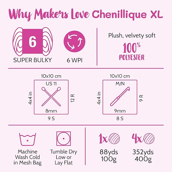 Chenillique XL Super Bulky Chenille Yarn – 100g Skein (88 Yards) + Safety Eyes + Free Plushie Pattern – Plush Polyester Yarn for Amigurumi, Crochet & Knitting - Enchanted Berry