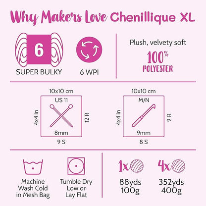 Chenillique XL Plush Chenille Yarn – 4-Pack (352 Yards / 400 g) – Variegated Super Bulky Yarn for Plushies, Blankets, Amigurumi & Accessories - Dusky Rose
