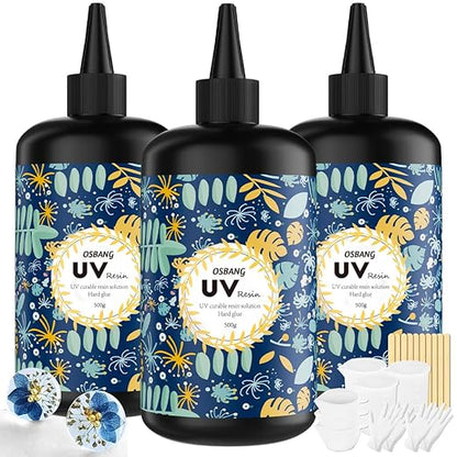 OSBANG Crystal Clear Hard UV Resin Upgraded Formula Ultraviolet Fast Curing for Jewelry Making Craft Decoration, Hard Transparent Glue Solar Cure Sunlight Activated Resin (1500g)