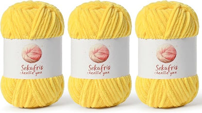 3 Pack Light Yellow Chunky Chenille Yarn for Crocheting, Bulky Velvet Yarns for Crochet, Baby Yarn for Crocheting Soft Blanket, 393 yds/10.5 oz Fluffy Amigurumi Crochet Yarn