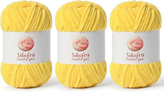 3 Pack Light Yellow Chunky Chenille Yarn for Crocheting, Bulky Velvet Yarns for Crochet, Baby Yarn for Crocheting Soft Blanket, 393 yds/10.5 oz Fluffy Amigurumi Crochet Yarn