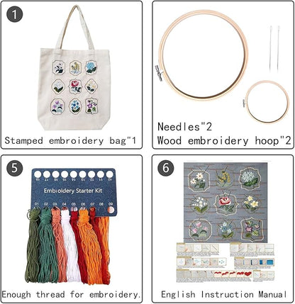 SUPBRAIN Embroidery kit, Canvas Tote Bag Embroidery Kit, Include Stamped Flower Pattern, Hoop, Color Threads and Tool, Suitable for Beginners, Adults Arts and DIY Crafts Kits (White)