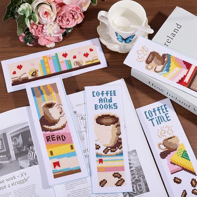 ORIGACH 6 Pcs Cross Stitch Bookmark Kit for Beginner with Backing Felt Floss Instruction Coffee and Books Stamped Embroidery Bookmark Kit for Starters Adults Book Lovers