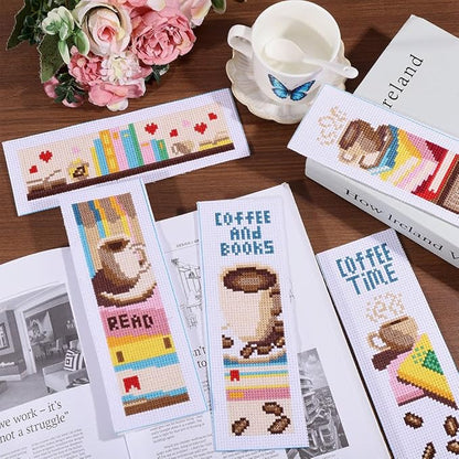 ORIGACH 6 Pcs Cross Stitch Bookmark Kit for Beginner with Backing Felt Floss Instruction Coffee and Books Stamped Embroidery Bookmark Kit for Starters Adults Book Lovers