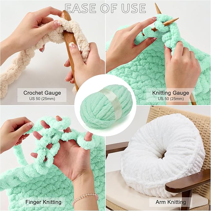 ERLYEEN Chenille Chunky Yarn Super Bulky Soft Thick Fluffy Jumbo Giant Washable Polyester Big Yarn DIY for Arm Knit Blanket Cushion Bed Sofa Home Decor,Mint Green,4.4LB