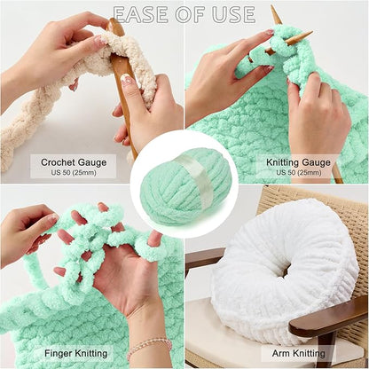 ERLYEEN Chenille Chunky Yarn Super Bulky Soft Thick Fluffy Jumbo Giant Washable Polyester Big Yarn DIY for Arm Knit Blanket Cushion Bed Sofa Home Decor,Mint Green,4.4LB