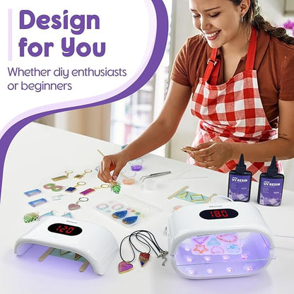 Akisey UV Resin Jewelry Making Kit, 200g Clear UV Resin Glue with Two-Sided Light & Molds, Starter Kit for Making Jewelry, Earring, Necklaces, Keychains