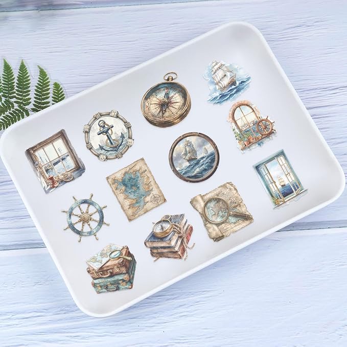 50 PCS Vintage Nautical Clear Scrapbook Stickers – Retro Ocean Sailing Decals with Anchors, Ships, Lighthouses, Helm Wheels, Maps & Marine for Journaling, Crafting, Scrapbooks, Planners & DIY Decor
