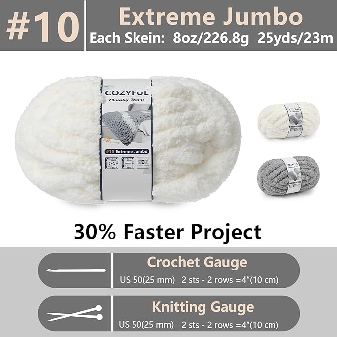 Chunky Yarn for Hand Knitting - #10 Chunky Chenille Yarn, Jumbo Big Thick Chunky Yarns for Crocheting, Super Bulky Chunky Knit Blanket Yarns, 8 Skein (25yd, 8oz/Skein), Cream & Grey