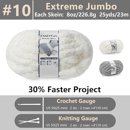 Chunky Yarn for Hand Knitting - #10 Chunky Chenille Yarn, Jumbo Big Thick Chunky Yarns for Crocheting, Super Bulky Chunky Knit Blanket Yarns, 8 Skein (25yd, 8oz/Skein), Cream & Grey