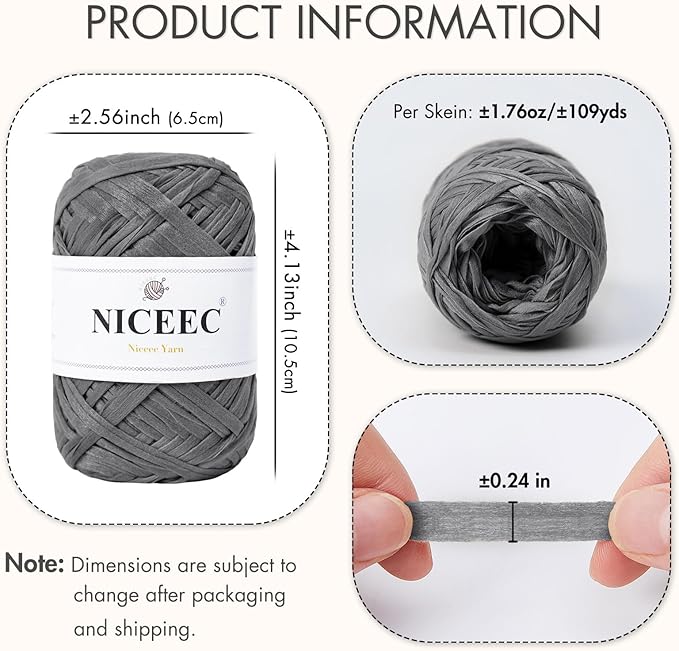 NICEEC 6 Skeins Soft Tape Yarn, Easy Crohcet Raffia, Crochet & Knitting, Paper Ribbon Yarn for DIY Craft Gift Wrapping Total Length 1.76oz×6/109yds×6 - Dark Gray