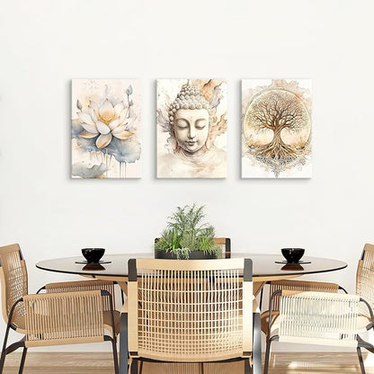 WENGTIAO 3Pcs Zen Canvas Wall Art Prints Beige Tree of Life Wall Paintings Buddha Lotus Pictures Posters Religious Spiritual Meditation Room Decor for Living Room Bedroom Spa Office 16x24x3Pcs