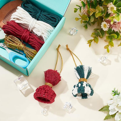 FREEBLOSS 6 Set Macrame Christmas Hat & Keychain DIY Kit with Instructions