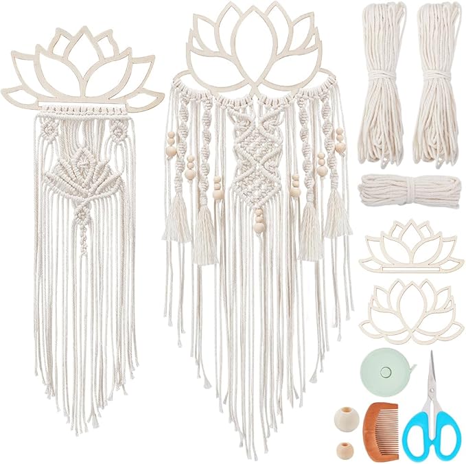 FREEBLOSS 2 Set DIY Macrame Lotus Wall Hanging Kit Macrame Tapestry Wall Hanging with Macrame Frame Lotus Wall Hanging Decor for Living Room Macrame Kit for Beginner with Instruction