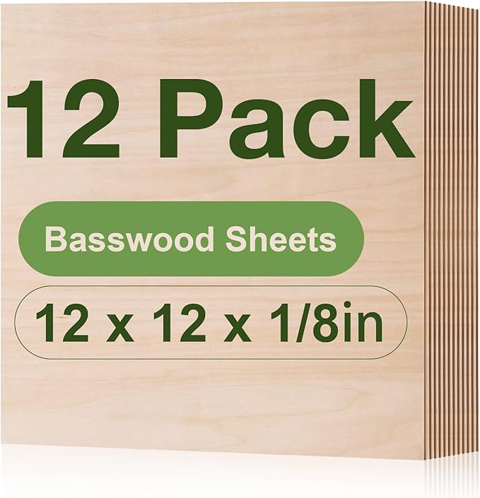 ROBOTIME 12-Pack Basswood Sheets 1/8" x 12" x 12" - Laser Engraving Blanks, 3mm Wood for Laser Cutting and Engraving