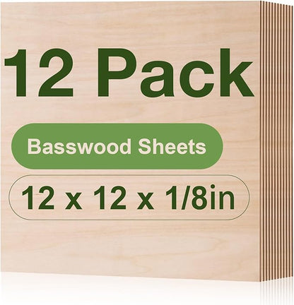 ROBOTIME 12-Pack Basswood Sheets 1/8" x 12" x 12" - Laser Engraving Blanks, 3mm Wood for Laser Cutting and Engraving