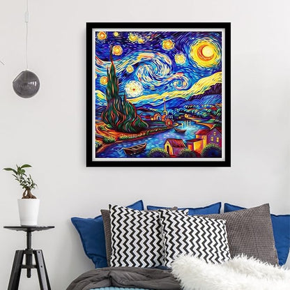 DMCVIVR Stamped Cross Stitch Kits for Beginners Adults Needlepoint Kits for Beginners Embroidery Kits for Adults Crossstitch Kit for Beginners 11CT-Van Gogh's Starry Home 18x18 inchs