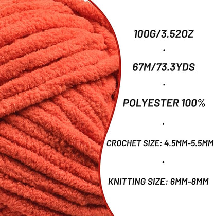 Chunky Chenille Yarn for Crocheting，Baby Yarn for Crocheting Soft Blankets，Bulky Yarns for Crochet Amigurumi，100g (74.3yds) Fluffy Velvet Yarns for Hand Knitting (Orange)