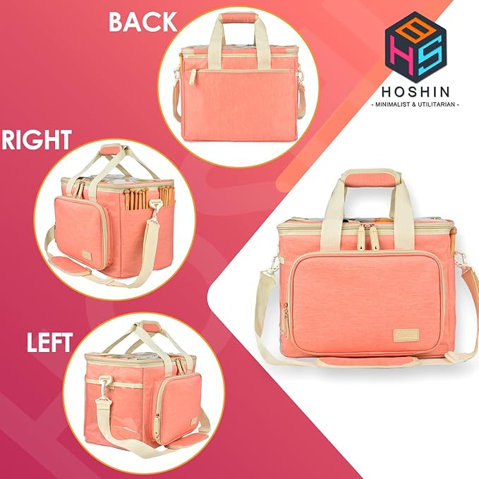 Hoshin Knitting Bag for Yarn Storage, High Capacity Yarn Totes Organizer with Inner Divider Portable for Carrying Project, Knitting Needles(up to 14”), Crochet Hooks, Skeins of Yarn (Pink)