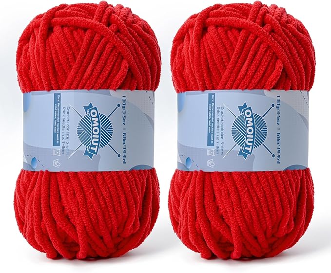 Chunky Chenille Yarn for Crocheting，Baby Yarn for Crocheting Soft Blankets，Bulky Yarns for Crochet Amigurumi，2×100g (2×74.3yds) Fluffy Velvet Yarns for Hand Knitting (2 Red)