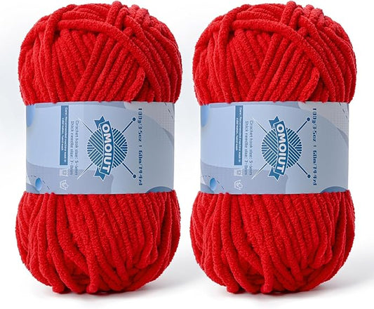 Chunky Chenille Yarn for Crocheting，Baby Yarn for Crocheting Soft Blankets，Bulky Yarns for Crochet Amigurumi，2×100g (2×74.3yds) Fluffy Velvet Yarns for Hand Knitting (2 Red)