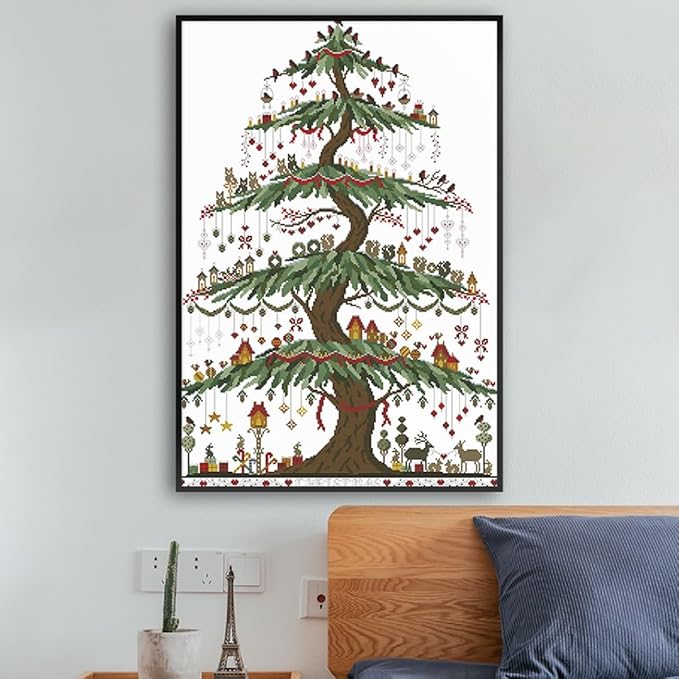 Qeerysew Cross Stitch Kit Stamped Full Range of Embroidery Starter Kits for Beginners DIY- Printed kit Christmas Tree (2) (Printed) 14CT 18.9×25.98 inches