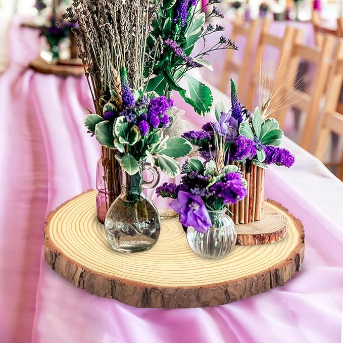 4 PCS 10-12 Inch Natural Wood Slices, Unfinished Pine Wood Circles with Barks for Coasters, DIY Crafts, Christmas Rustic Wedding Ornaments and Centerpieces,by GNIEMCKIN