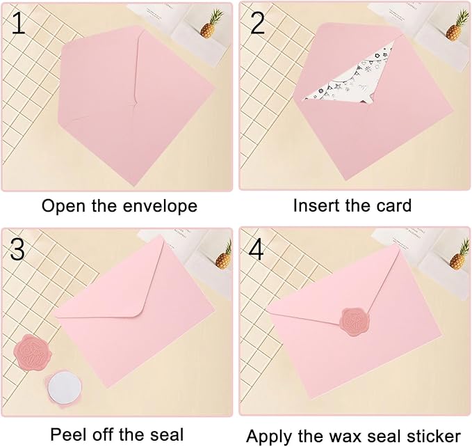20 Pack Pink Envelopes 4x6 for Invitation, A4 Invitation Envelope with Wax Seal Sticker for Birthday, Weddings, Graduations, Greeting Cards, Baby Shower Invite