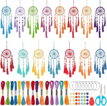 INFUNLY 15 Set DIY Small Dream Catcher Kit Rainbow Colors Round Mini Dream Catcher Kit Handmade Dreamcatcher Kit with Instructions Boho Hanging Ornament Making Kit for Bedroom Car Mirror Keychain Bag
