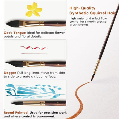 Watercolor Brushes Professional, Fuumuui 10Pcs Synthetic Squirrel Hair Water Color Paint Brush Set for Artists - Flat, Round Pointed, Dagger, Cats Tongue Oval Wash for Watercolor Gouache Inks Painting
